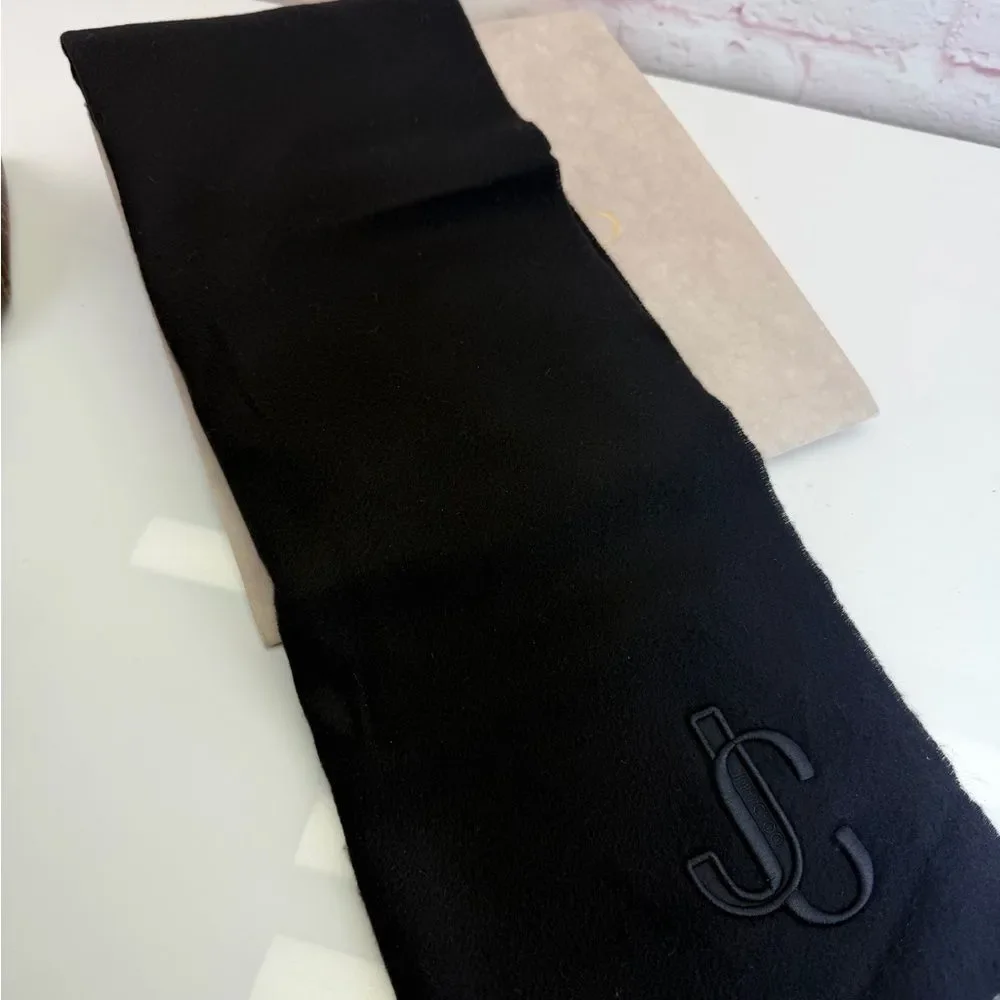 Jimmy Choo NWT Black Monogram Embroidered Fringe Scarf